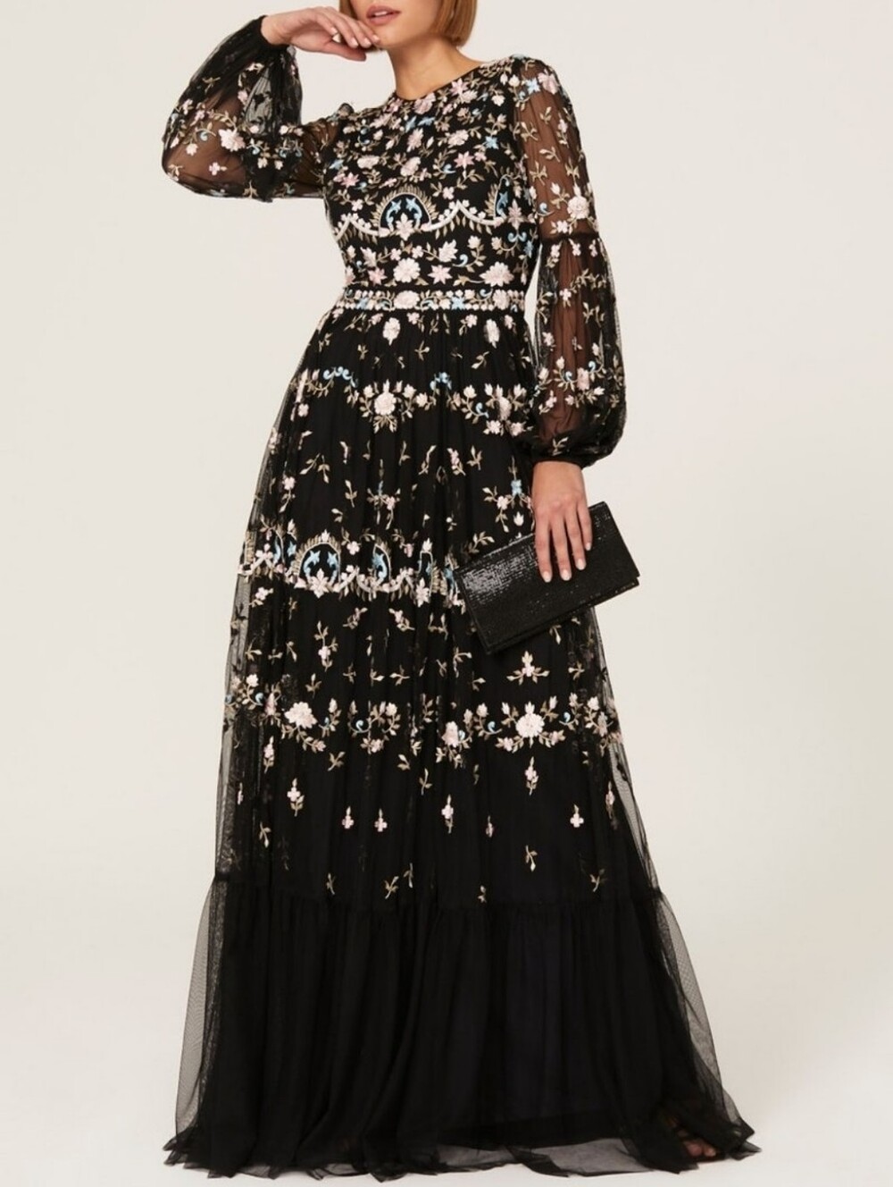 Mac Duggal 35111 Black Multicolor Tulle Floral Embroidered Maxi Dress Gown 4 NWT - Picture 3 of 16